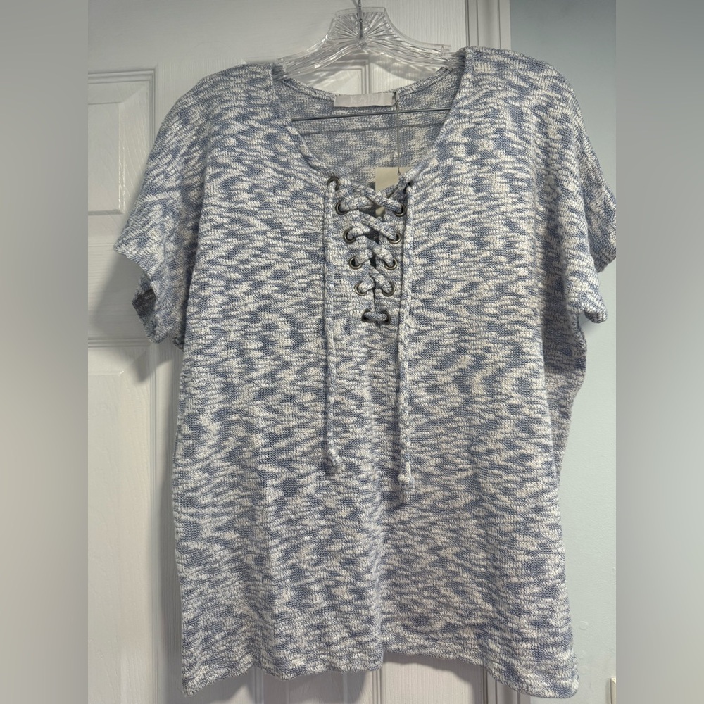 Gray and White Tie Front Short Sleeve T-Shirt